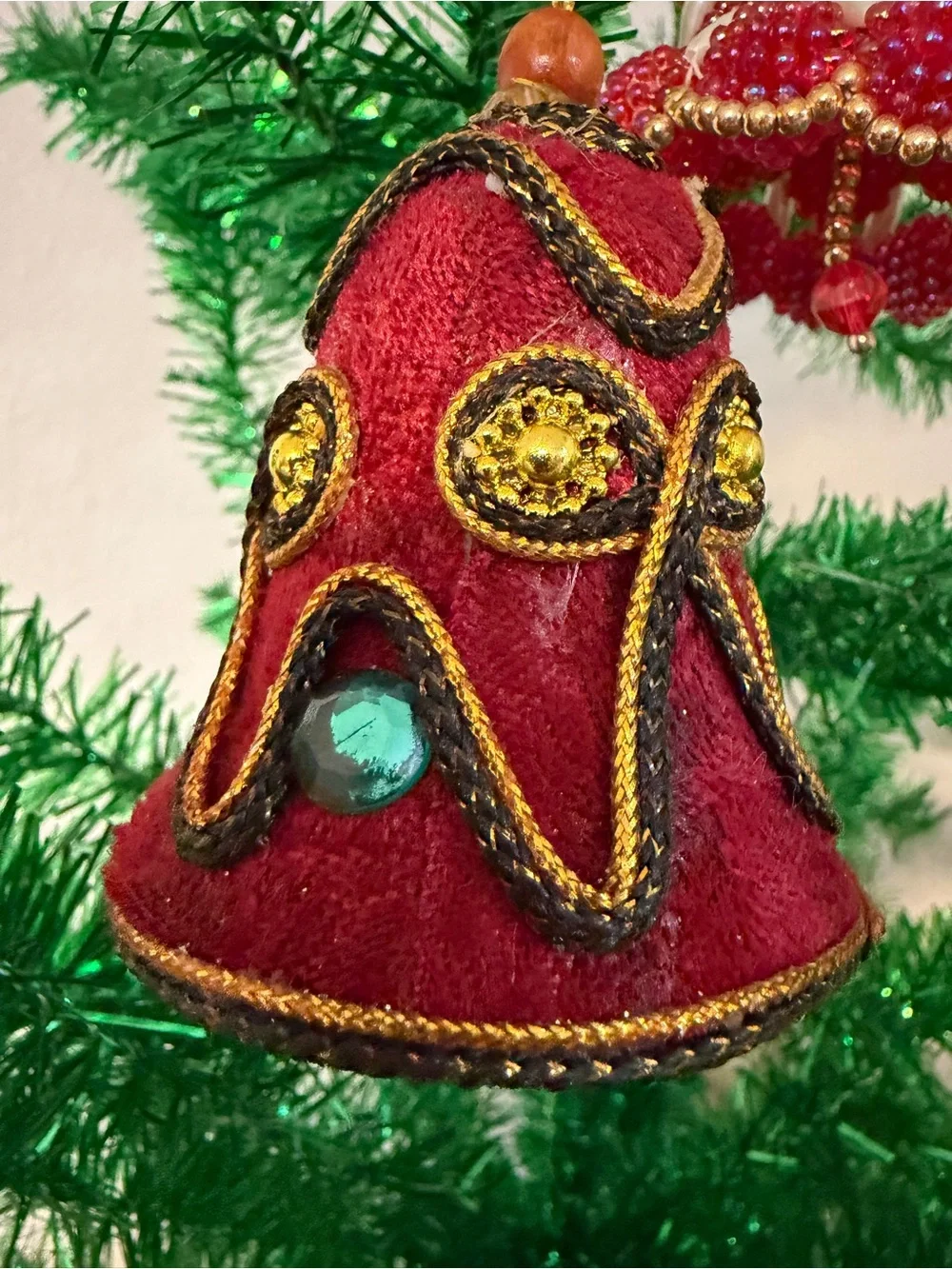 Vintage Christmas Beaded Velvet Bell Bauble Ornaments Small Red Set Of 2 Hanging